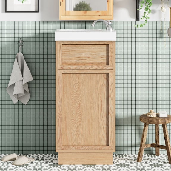 YINGYING 15.75" Bathroom Vanity with Resin Sink, Wooden Single Sink Bathroom Cabinet with Adjustable Shelf & Push-to-Open Door, Wood Grain Melamine Finish, Reversible Door for Small Spaces
