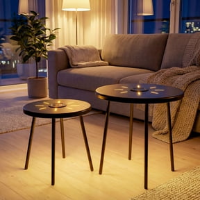 YINGYING 2-Pack Outdoor Solar Side Table with LED Light, Outdoor Nesting Round End Table Set for Balcony, Indoor, Bedroom, Living Room