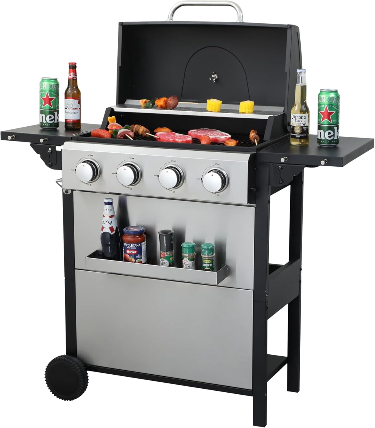 YINGYING 3-Burner Propane Gas Grill,  36900TU Output Stainless Steel BBQ Grill with Wire Enamel Cooking Grids & Foldable Side Table for Outdoor Backyard Barbecue