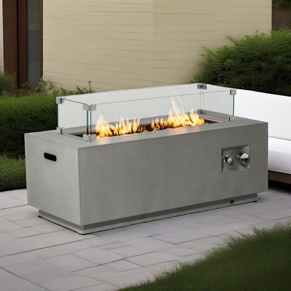YINGYING 42 Propane Gas Fire Pit Table 2-Piece, 50000 BTU Rectangular Steel Outdoor Rectangle Gas Fire Pit with Glass Wind Guard for Outside Patio Deck Garden Courtyard