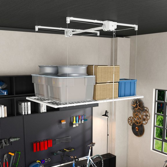 YINGYING 4x8 FT Overhead Garage Storage Rack, 350LBS Heavy-Duty All-Steel Ceiling Organizer with Safety Lock