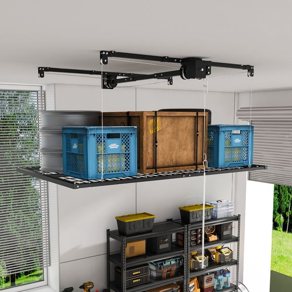 YINGYING 4x8 FT Overhead Garage Storage Rack, 350LBS Heavy-Duty All-Steel Ceiling Organizer with Safety Lock