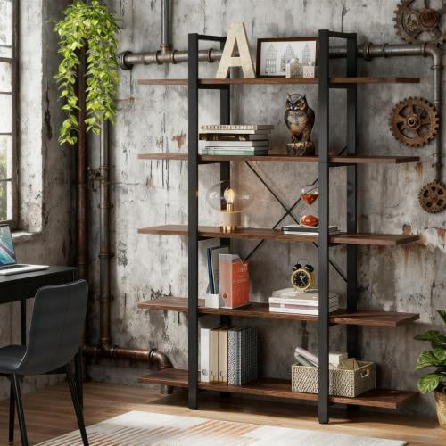 YINGYING 5-Tier Industrial Bookcase, Wood Bookshelf, Rustic Open Book Shelf with Metal Frame Bookshelves for Living Room Bedroom