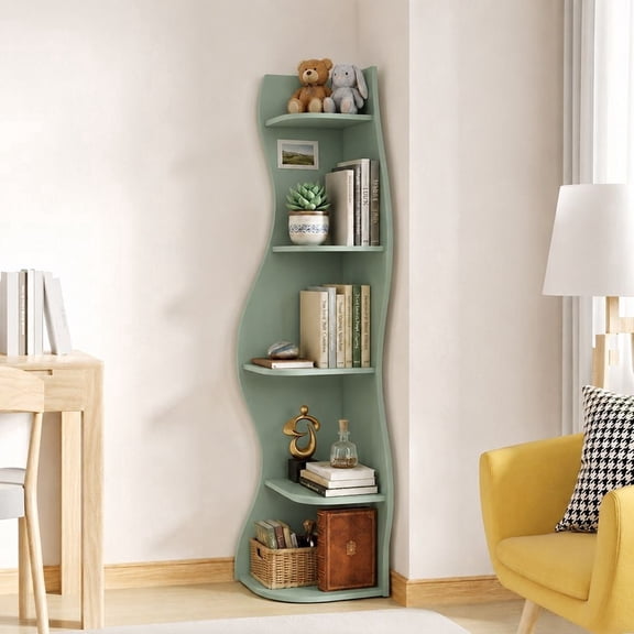 YINGYING 5-Tier S-Shaped Corner Bookshelf, Modern Freestanding Curved Display Rack for Home Office, Living Room, Bedroom,