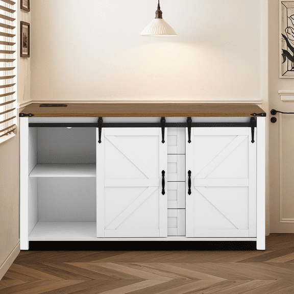 YINGYING 55.1" Sideboard Buffet Cabinet with Storage, Farmhouse Kitchen Storage Cabinet with Sliding Barn Doors & 4 Drawers, Wood Coffee Bar Cabinet with Power Outlet