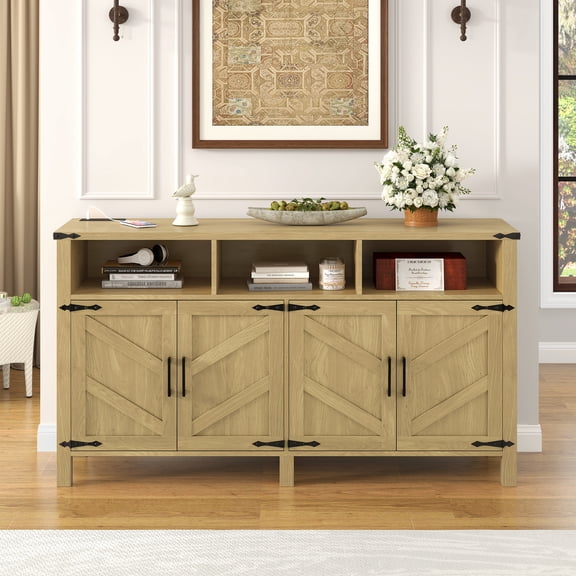 YINGYING 59'' Modern Buffet Sideboard Cabinet, Wooden Coffee Bar Cabinet with Power Outlets & USB Ports, Credenza with Adjustable Shelves & Half-Open Storage for Living Room, Dining Room, Entryway