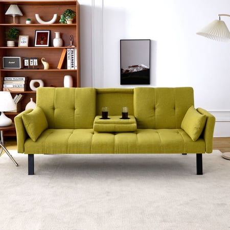YINGYING 70” Convertible Futon Sofa Bed, Foldable Futon Couch with Cup Holder & Side Storage Loveseat for Compact Living Room, Apartment