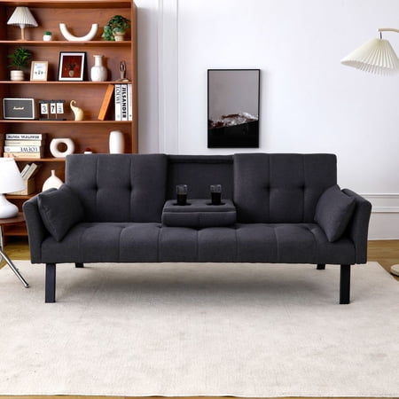 YINGYING 70” Convertible Futon Sofa Bed, Foldable Futon Couch with Cup Holder & Side Storage Loveseat for Compact Living Room, Apartment