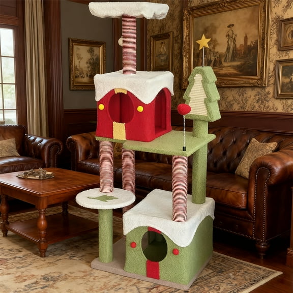 YINGYING  Christmas Cat Tree Tower, Multi-Level Cat Tower with Anti-Tipping Device for Indoor Kittens