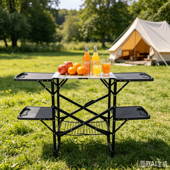 YINGYING Folding Camping Kitchen Table, Portable Outdoor Cooking Station with Heat Resistant Top, 4 Side Tables, Storage Rack for Picnics & Camping Trips