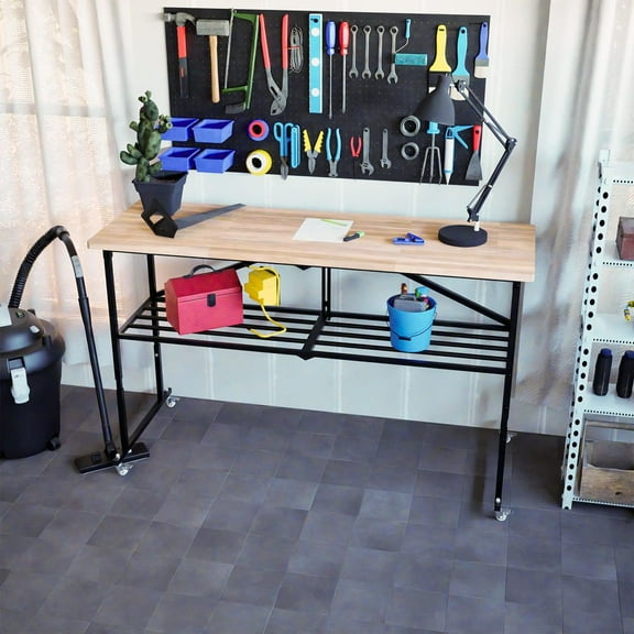 YINGYING Heavy-Duty Folding Workbench - Portable Wood-Top Work Bench with Locking Casters & Quick-Collapse Steel Frame Work Table for Garage, Workshop, Home, Commercial