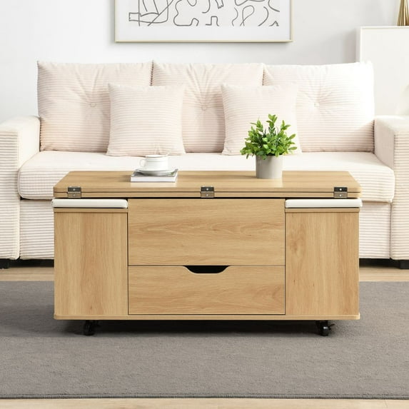YINGYING Lift-Top Coffee Table with Hidden Storage and Stools, Rectangle Center Table with 4 Stools & Casters Living Room Table