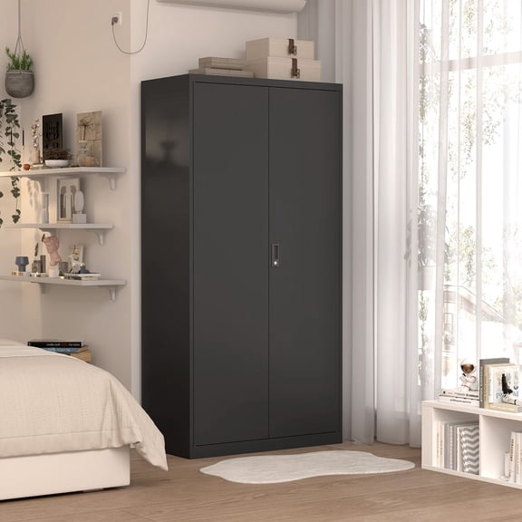 YINGYING Metal Armoire Wardrobe Closet, Modern Wardrobe Cabinet with Hanging Rod & Compartments, Lockable Closet Clothing Storage Cabinet with Locks & Waterproof