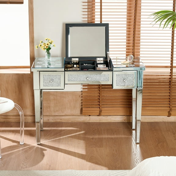 YINGYING Mirrored Makeup Vanity Desk with Crushed Diamond Inlay, Dressing Table with Flip-Top Mirror, Glass Console Table for Bedroom, Entryway
