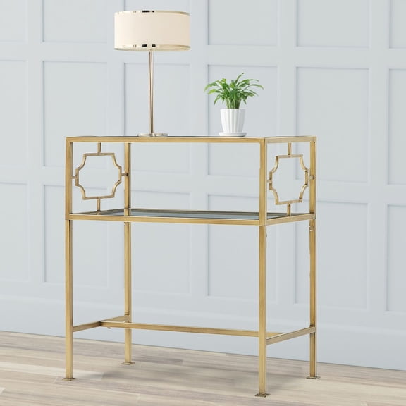 YINGYING Rectangular Side Table, Antique Gold Metal Fram Accent End Table with Tempered Glass Top Console Table for Small Space