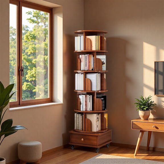 YINGYING Rotating Bookshelf, 360 Display Floor Standing Bookcase Storage Rack, 6 Tier Spinning Bookshelf Tower with Wheels, Wood Narrow Corner Bookshelf for Bedroom, Living Room