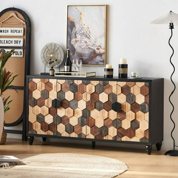 YINGYING Sideboard Buffet Cabinet, Distressed Accent Storage Cabinet with Honeycomb Pattern, Modern Credenza Console Table with Doors