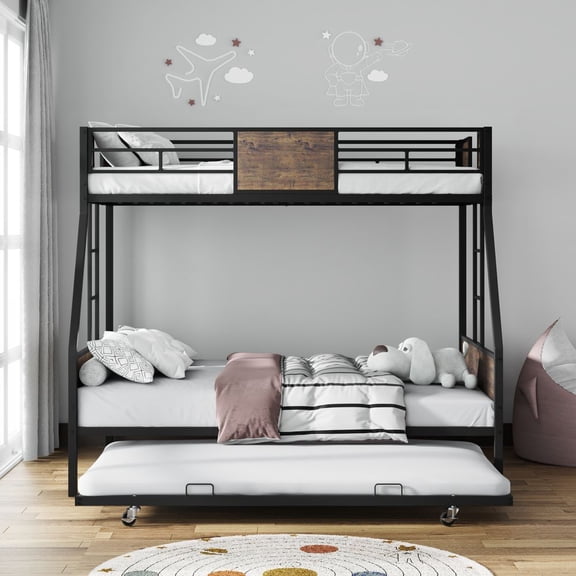 YINGYING Twin Over Full Bunk Beds with Trundle, Metal Bunk Bed Frame with Safety Guardrail & 2 Ladder No Box Spring Needed