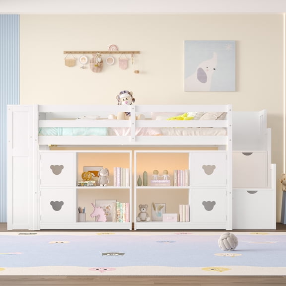 YINGYING Twin Size Low Loft Bed, Pine Wood Loft Bed Frame with LED Lights & Open Shelves