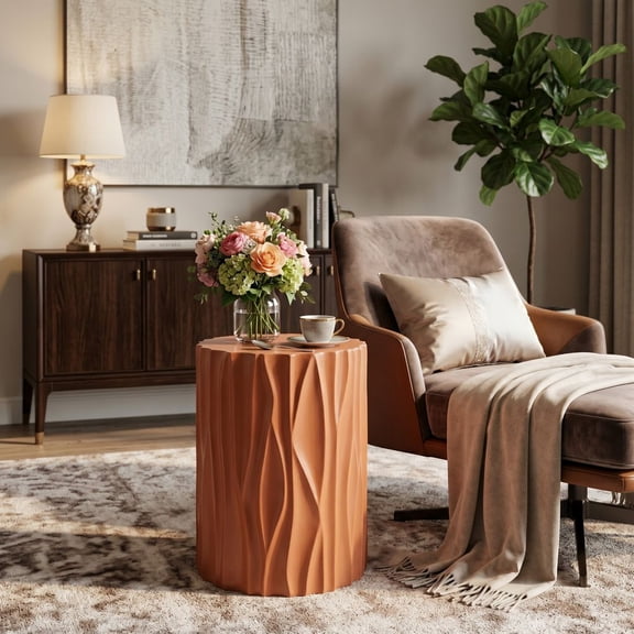 YINGYING Wave Textured Side Table, Modern MGO Cylindrical Accent End Table, Indoor & Outdoor End Table for Living Room Patio Balcony