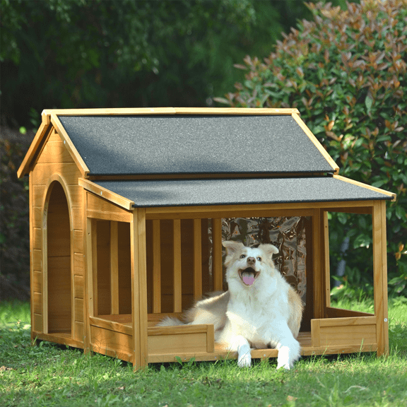 YINGYING60.2" Large Outdoor Dog House with Porch, Cabin Style Dog Kennel with Asphalt Roof & Elevated Floor, Puppy Shelter with Side Window  for Medium & Large Dogs,