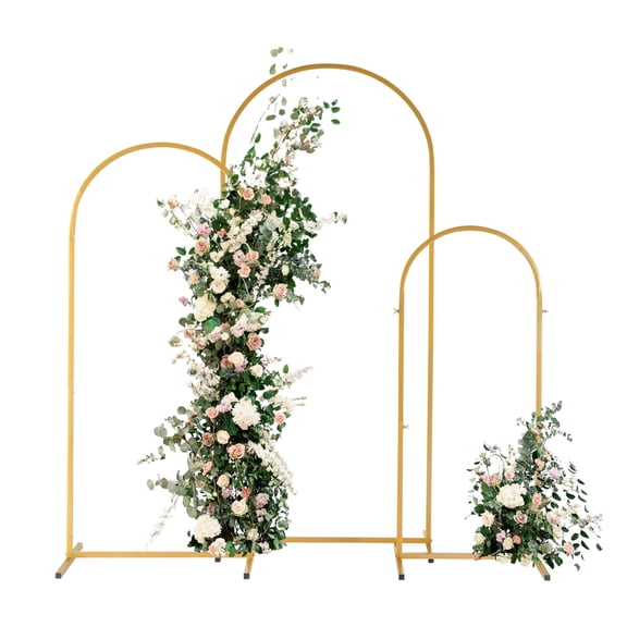 YINGYUE 3 Pack Gold Metal Wedding Arch Set 5.9ft+4.9ft+3.9ft Powder Coated Iron Garden Arbor Trellis with Ground Stakes for Wedding Backyard Floral Vine Decor