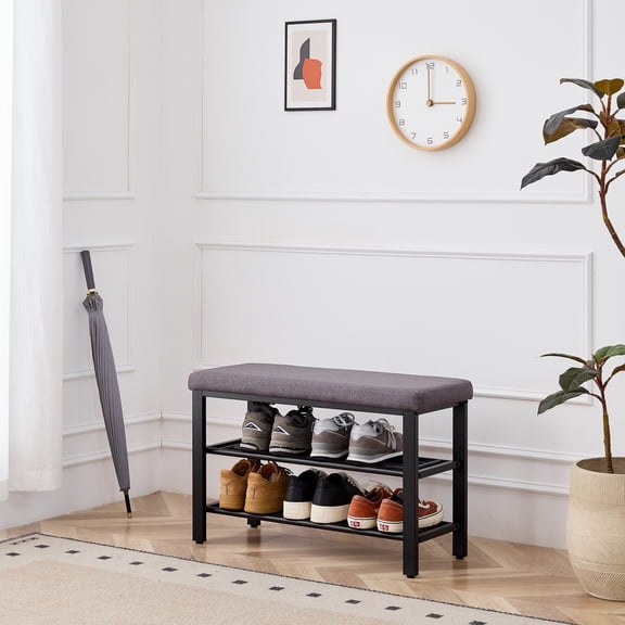 YINGYUE 3-Tier Freestanding Shoe Rack Bench with Grey Fabric Cushion, Metal Frame Shoe Storage Organizer for Entryway