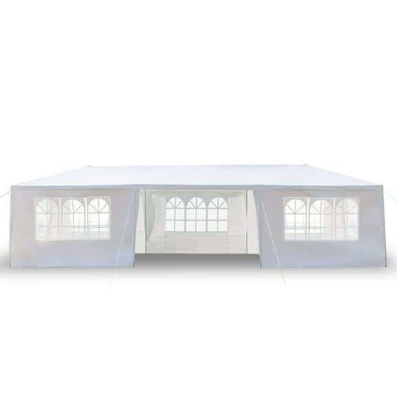 YINGYUE 3x9m 7-Sided Iron Frame Pergola, Spiral Pipe PE Cloth Outdoor Party Tent with Clear Windows