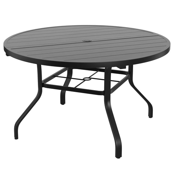 YINGYUE 47 Inch Round Metal Patio Dining Table, Wood Grain Slat Top with 1.57" Umbrella Hole, Weather Resistant Outdoor Table for Pool Backyard, Black