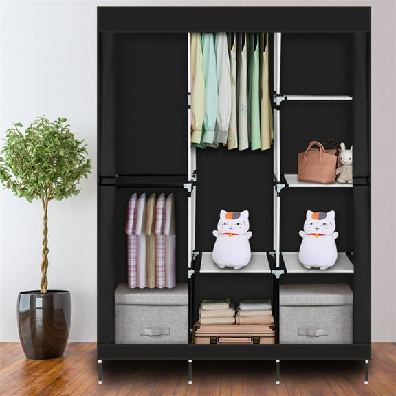 YINGYUE 71" Portable Closet Wardrobe Clothes Storage Organizer, Non-Woven Fabric Garment Rack with Movable Hanging Rod & 8 Storage Shelves, Black Zipper Dustproof Cover