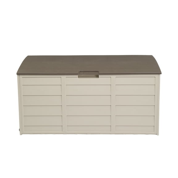 YINGYUE 75Gal 260L Lockable Outdoor Plastic Deck Storage Box, Weatherproof Patio Storage Chest with Wheels & Handles, Wood Slat Brown