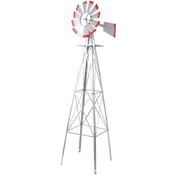 YINGYUE 8FT Decorative Garden Windmill, Heavy Duty Steel Yard Ornament, 4-Leg Frame, Grey Outdoor Backyard Lawn Decoration