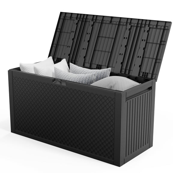 YINGYUE 90 Gallon Outdoor Plastic Deck Storage Box, Lockable Weatherproof Patio Chest with Handles for Cushions Tools Toys