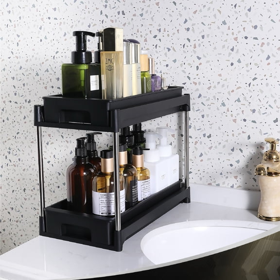 YINGYUE Black Plastic Pull Out Cabinet Organizer with Double Drawers & 2 Hanging Hooks, Multi-Purpose Under Sink Storage Rack for Kitchen Bathroom Cabinet