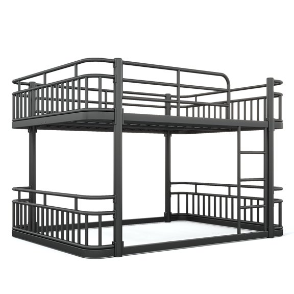 YINGYUE Black Queen over Queen Metal Bunk Bed, Reinforced Round Pipe Frame with Ladder & Full Guardrails, No Box Spring Needed, 550 Lbs Capacity