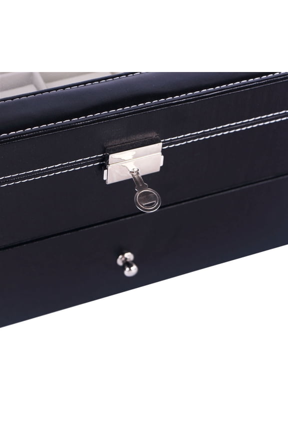 Dual Layer Watch Storage Box, 20 Compartments PU Leather Wooden Watch Collection Organizer with Lock & Key, Black