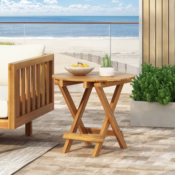 YINGYUE Foldable Adjustable Acacia Wood Side Table, Teak Finish, No Assembly Required for Outdoor Use