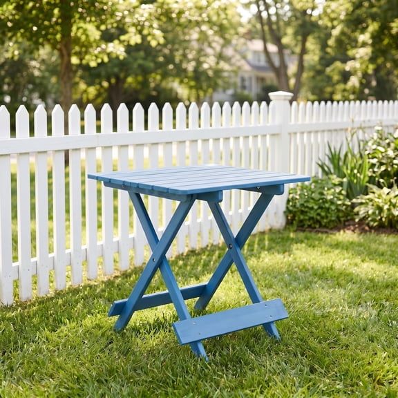 YINGYUE Folding Square Cypress Solid Wood Patio Side Table, Blue Finish for Balcony Backyard Outdoor Use
