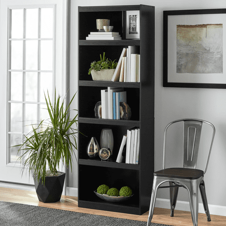YINGYUE Framed 5-Shelf Bookcase, True Black Oak Freestanding Storage Shelving with 3 Adjustable & 2 Fixed Shelves, Manufactured Wood Display Rack with Anti-Tip Kit for Bedroom Office Living Room
