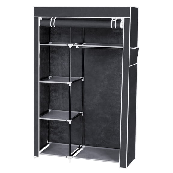 YINGYUE Gray 64 Inch Portable Clothes Closet Non-Woven Fabric Wardrobe Storage Organizer with Movable Hanging Rod & 6 Storage Shelves Zipper Dustproof Cover