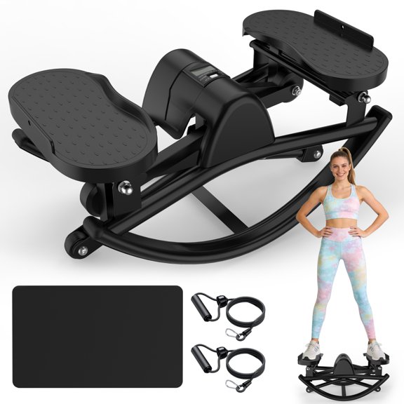 YINGYUE Lateral Rocking Stepper Machine with Resistance Bands, LCD Monitor & Anti-Slip Mat, Low Impact Side Stepping Exercise Trainer, Supports 330 LBS for Home & Office Workout, Black