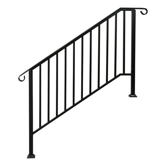 YINGYUE Matte Black Outdoor 4 Step Galvanized Iron Handrail, Curved Stair Railing with Complete Installation Hardware
