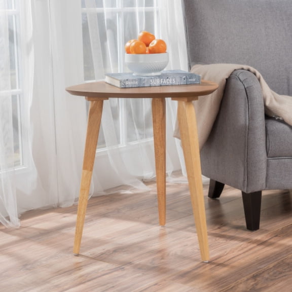 YINGYUE Mid Century Natural Rubberwood End Table Tripod Splayed Leg Tapered Oval Top Sofa Side Accent Table