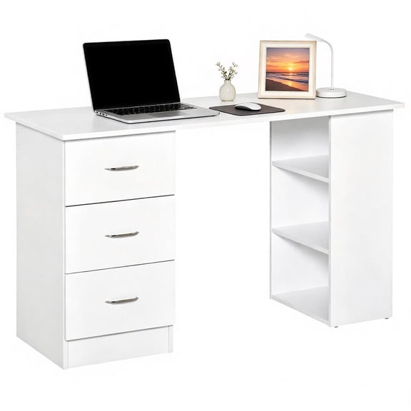 YINGYUE Minimalist MDF Computer Desk, 47.3 Inch Home Office Writing Table with 3 Drawers & 3 Open Storage Shelves, Reversible Side Assembly Study Workstation for Bedroom Dorm Apartment, White
