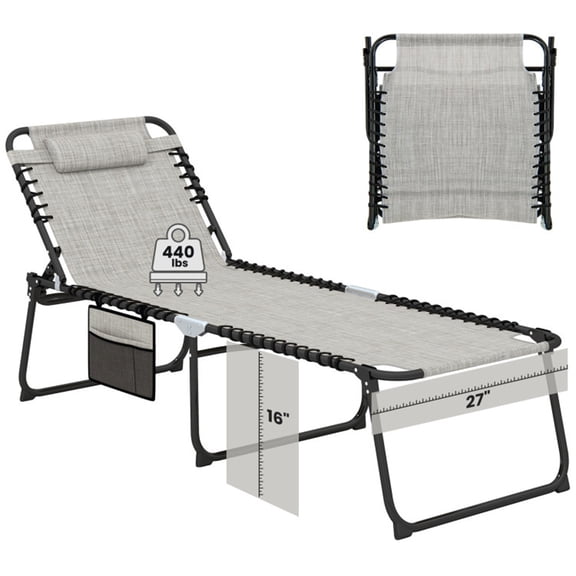YINGYUE Oversized Patio Chaise Lounge, 27 Inch Wide 4-Position Adjustable Backrest Folding Tanning Reclining Chair with Detachable Pillow Side Pocket, Gray Supports Up to 440 Lbs