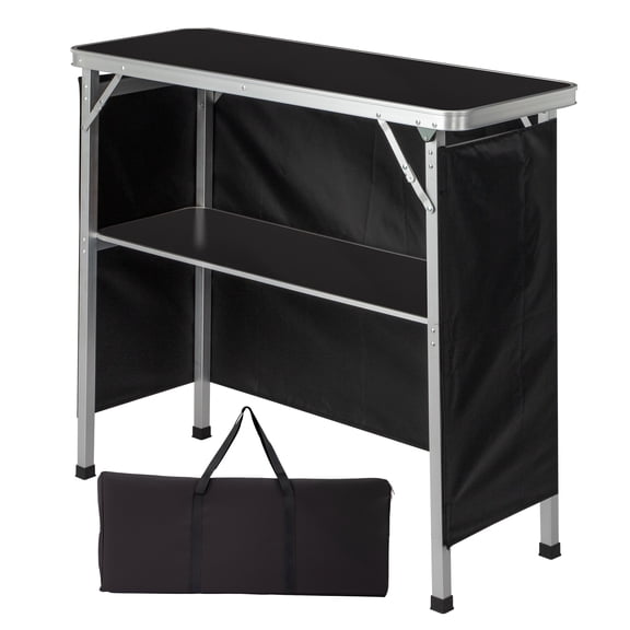 YINGYUE Portable Folding Trade Show Podium Table, Aluminum MDF High Top Table with Storage Shelf, Black Skirt & Carry Bag for Exhibition Picnic Indoor Outdoor
