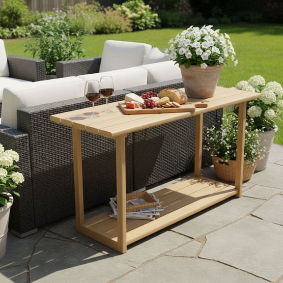 YINGYUE Rectangular Acacia Wood Outdoor Buffet Console Table, Light Teak Finish Side Table with Lower Storage Shelf, 59.84" Entryway Sofa Table for Indoor & Outdoor Use