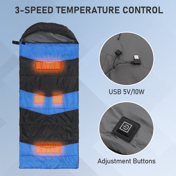 YINGYUE Rectangular USB Heated Sleeping Bag, Lightweight Waterproof Envelope Sleeping Bag with Multi-Zone Heating Pads for Backpacking Hiking Camping RV, Blue