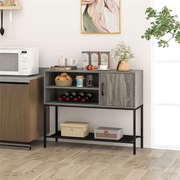YINGYUE Rustic Gray Buffet Sideboard Cabinet with 2 AC Outlets & 2 USB Charging Ports, Industrial Storage Console Table with Wine Rack Metal Frame for Dining Living Room Entryway