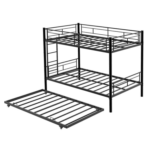 YINGYUE Triple Twin Metal Bunk Bed, Convertible 3-in-1 Detachable Iron Bed Frame with Ladder & Guardrail, Space Saving Bedroom Furniture, Black